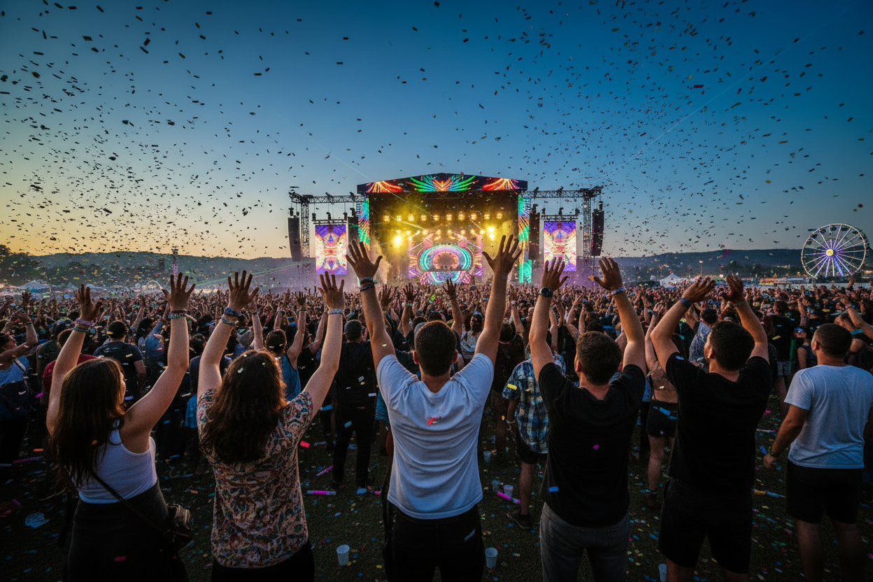 People dancing at festival from behind